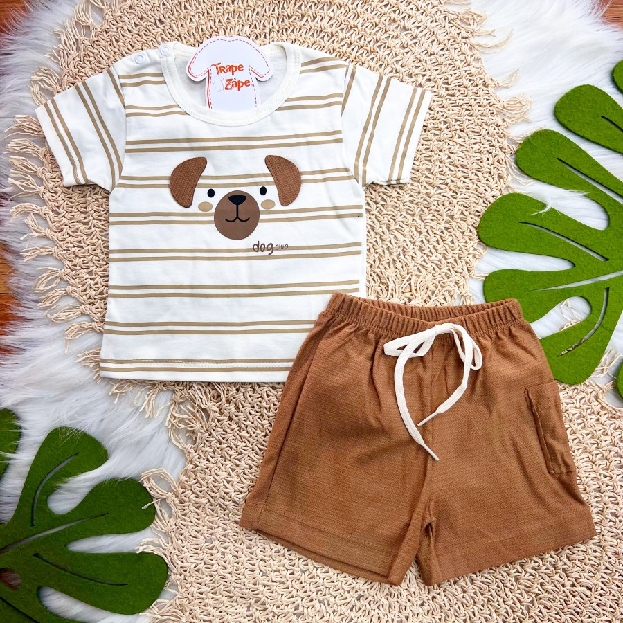  Conj. Camiseta Listrada Dog Club e Bermuda - Marrom e Off White